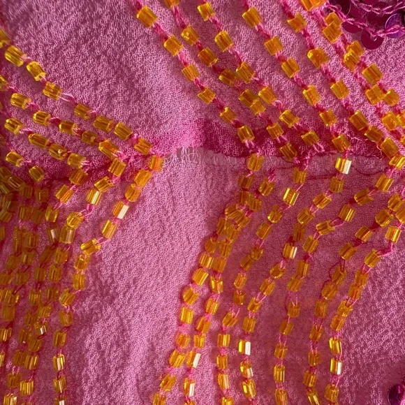 Antik Batik Pink Orange Beaded Silk Blouse 3/4 Sleeve Scalloped Hem Top Medium - Picture 13 of 13